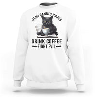 White sweatshirt with reading cat holding coffee mug and 'Drink Coffee Fight Evil' graphic