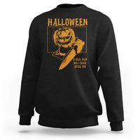 Black Halloween sweatshirt with pumpkin face graphic and spooky slogan