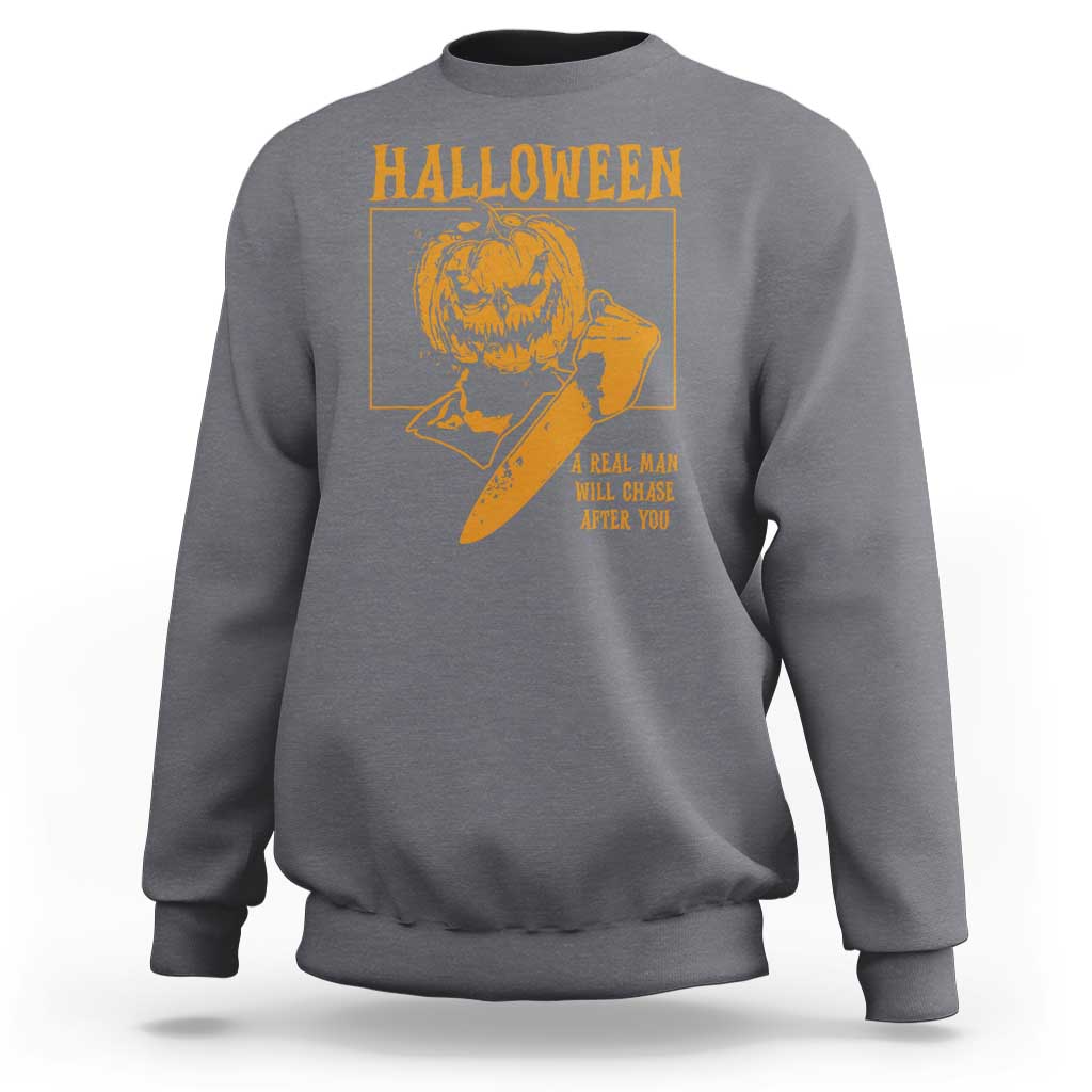 Gray heather Halloween sweatshirt with pumpkin face graphic and spooky slogan
