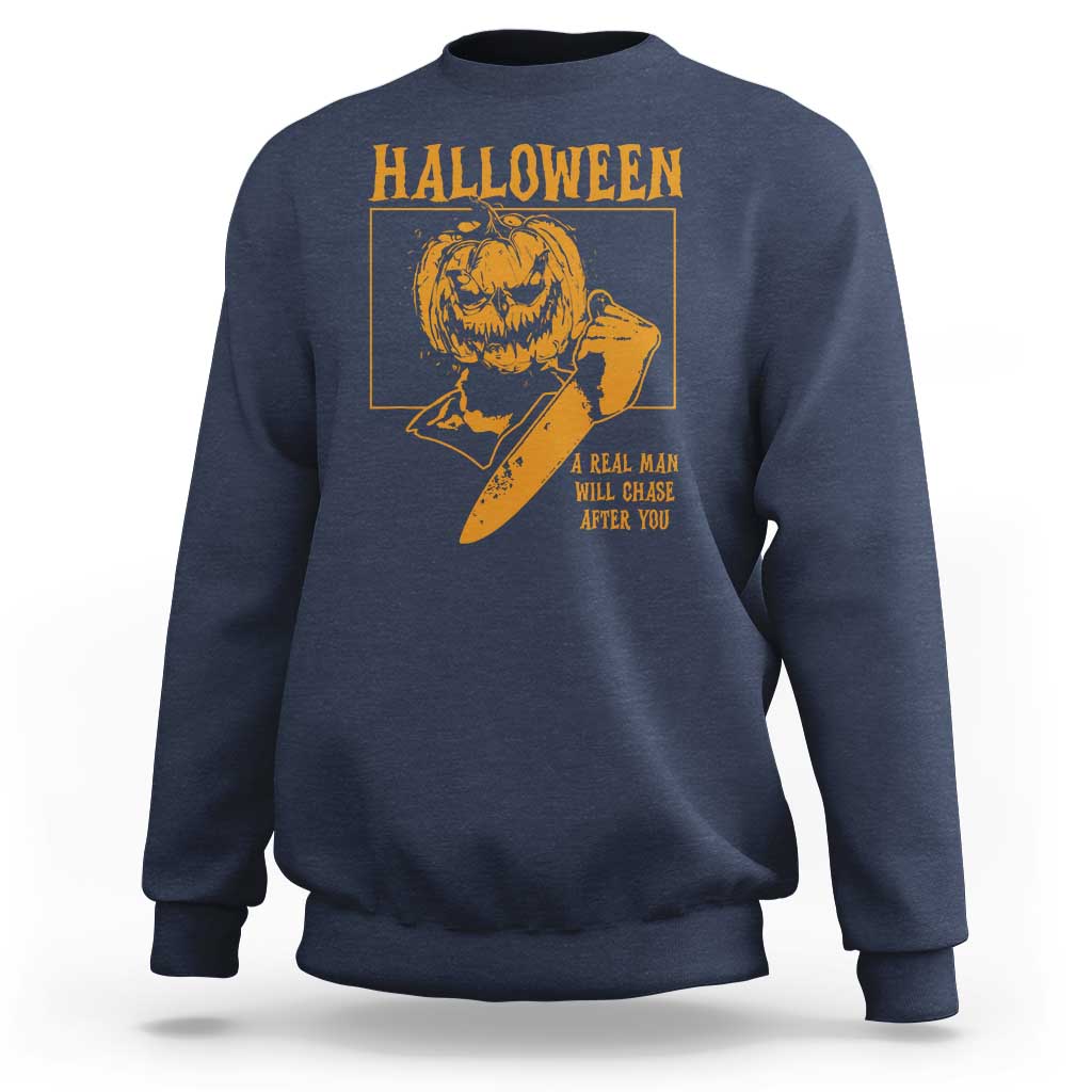 Navy Halloween sweatshirt with pumpkin face graphic and spooky slogan