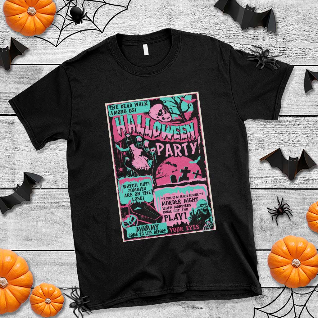 Black Halloween party graphic T-shirt with skull, mummy, and bats poster print