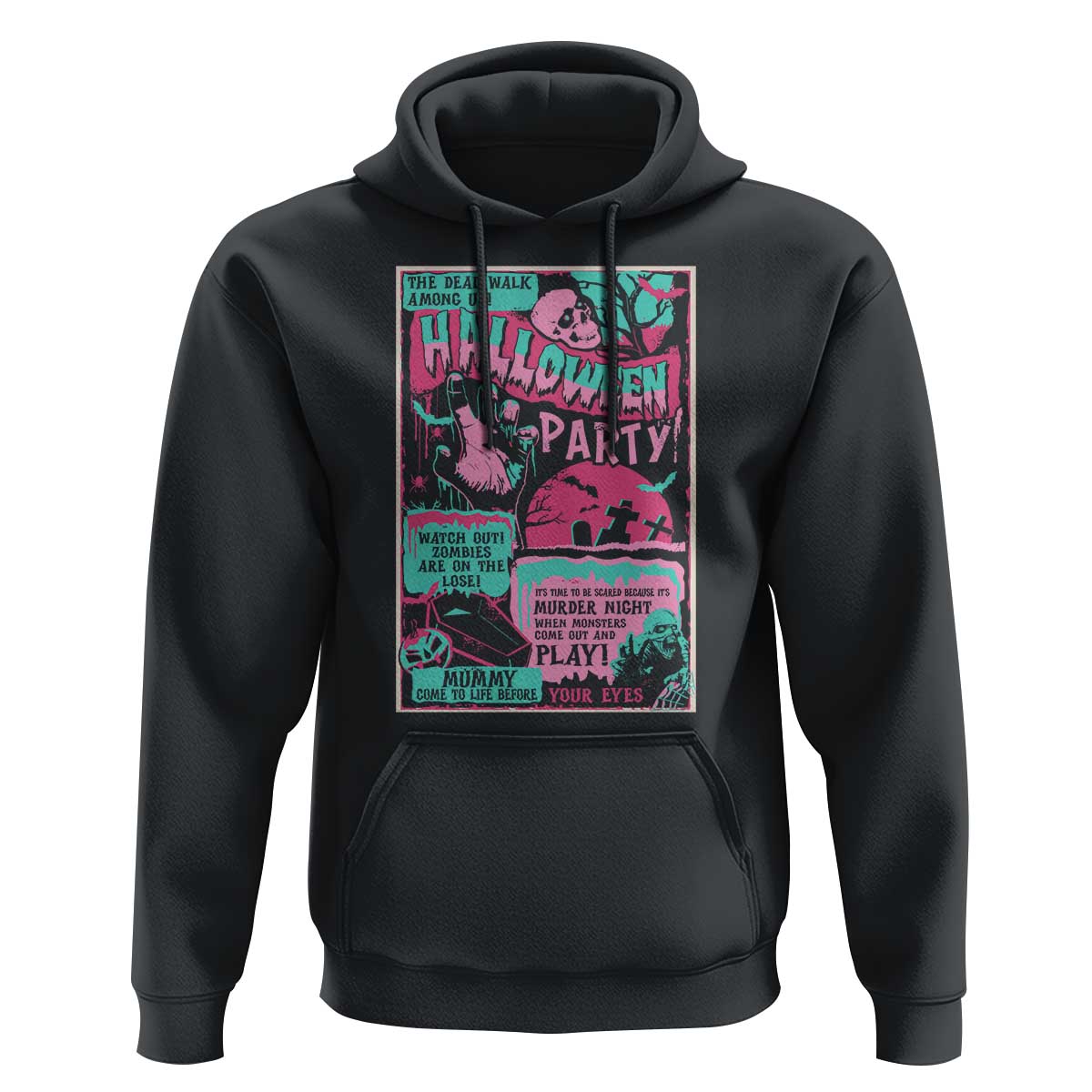 Black Halloween hoodie sweatshirt with front graphic poster and kangaroo pocket