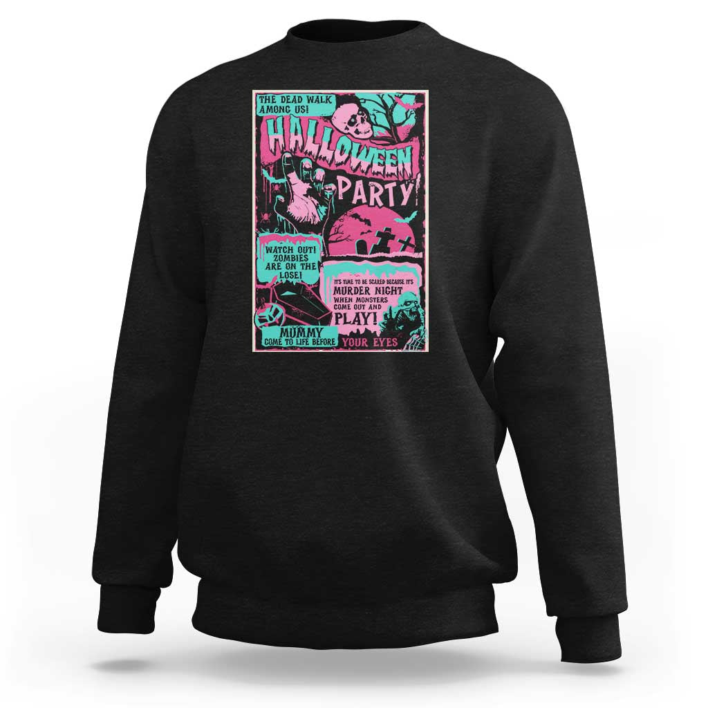 Black Halloween party sweatshirt with colorful poster-style front graphic, crew neck