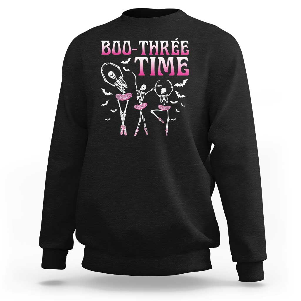 Black crewneck sweatshirt with Halloween skeleton ballet dancer graphic on back