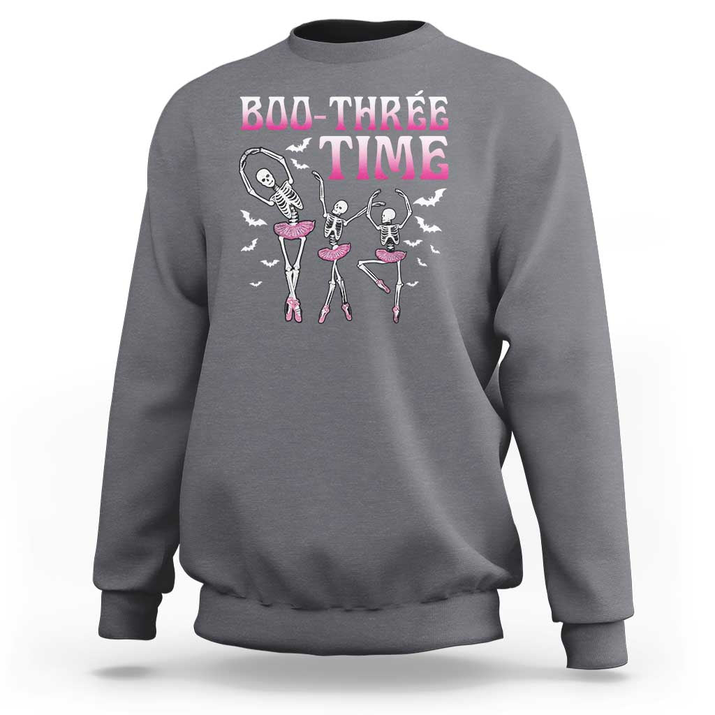 Dark heather gray crewneck sweatshirt with Halloween skeleton ballet dancer graphic on back