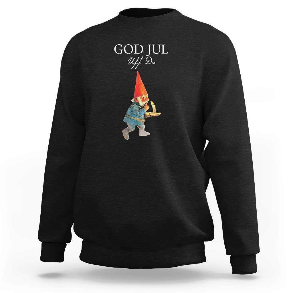 Black crewneck sweatshirt with "God Jul" gnome graphic on front