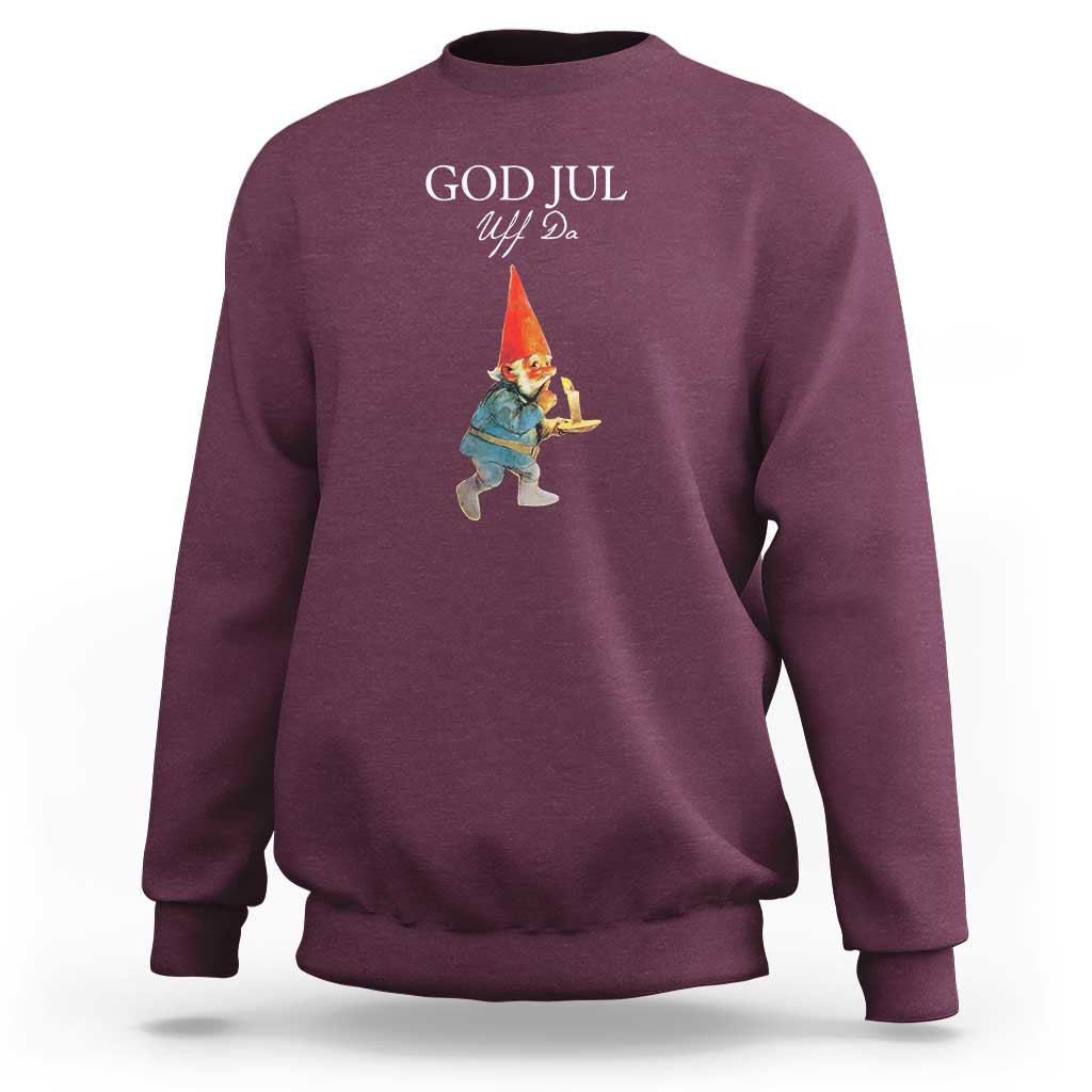 Maroon crewneck sweatshirt with "God Jul" gnome graphic on front