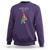Purple crewneck sweatshirt with "God Jul" gnome graphic on front