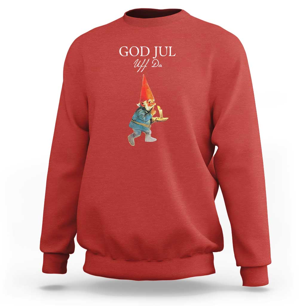 Red crewneck sweatshirt with "God Jul" gnome graphic on front