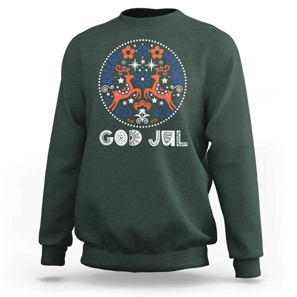 Dark green Christmas sweatshirt with "God Jul" reindeer folk art front graphic