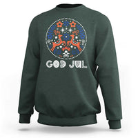 Dark green Christmas sweatshirt with "God Jul" reindeer folk art front graphic
