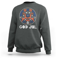 Charcoal gray Christmas sweatshirt with "God Jul" reindeer folk art front graphic