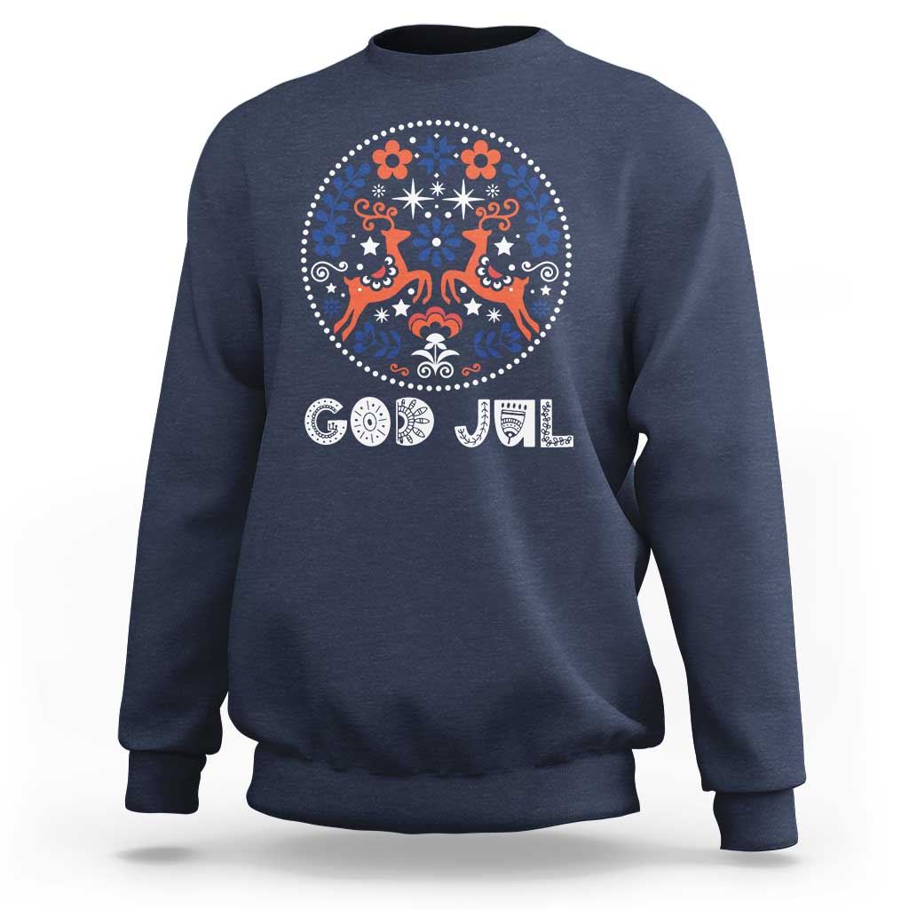 Navy Christmas sweatshirt with "God Jul" reindeer folk art front graphic