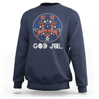 Navy Christmas sweatshirt with "God Jul" reindeer folk art front graphic