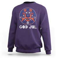 Purple Christmas sweatshirt with "God Jul" reindeer folk art front graphic