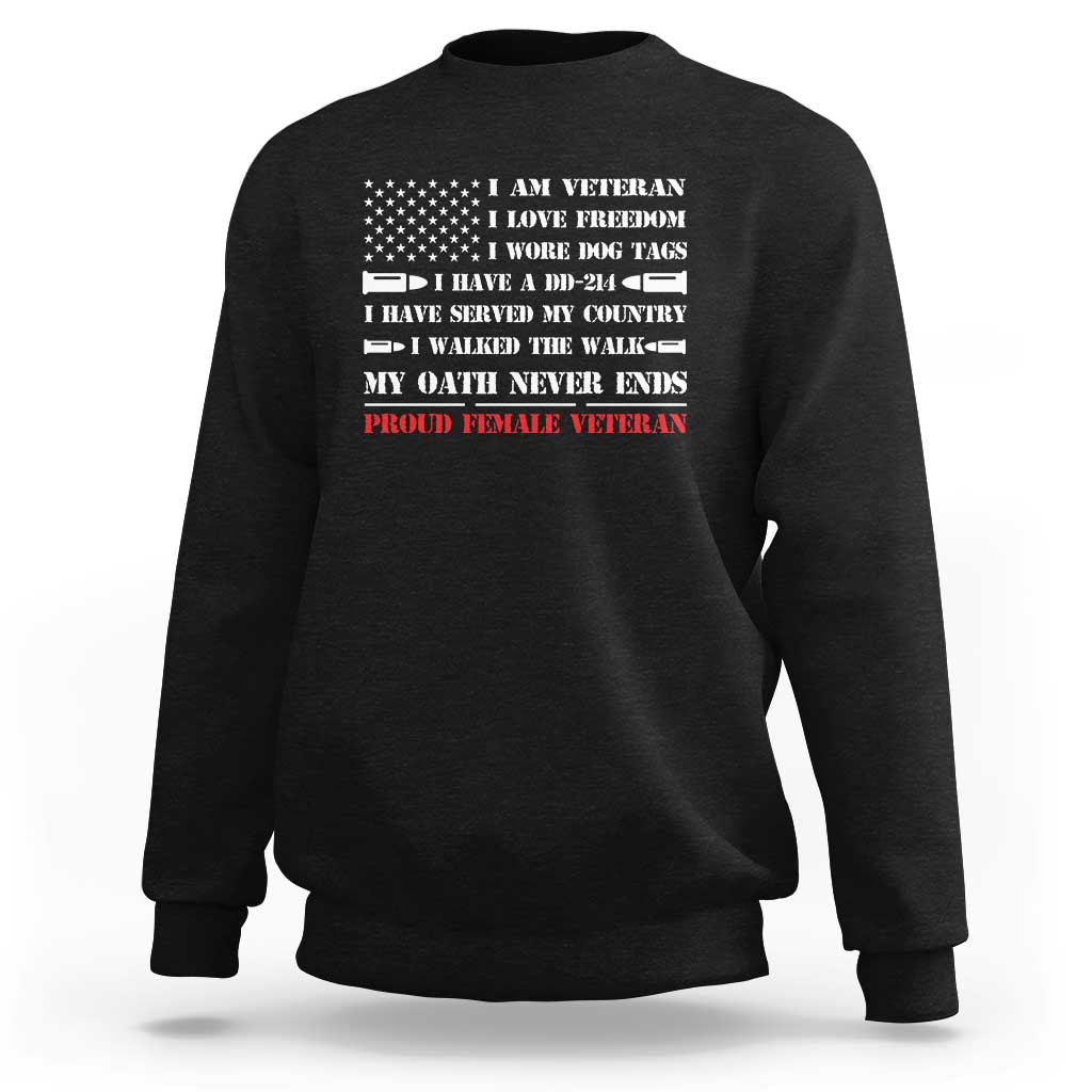 Black women’s crewneck sweatshirt with American flag graphic and veteran text