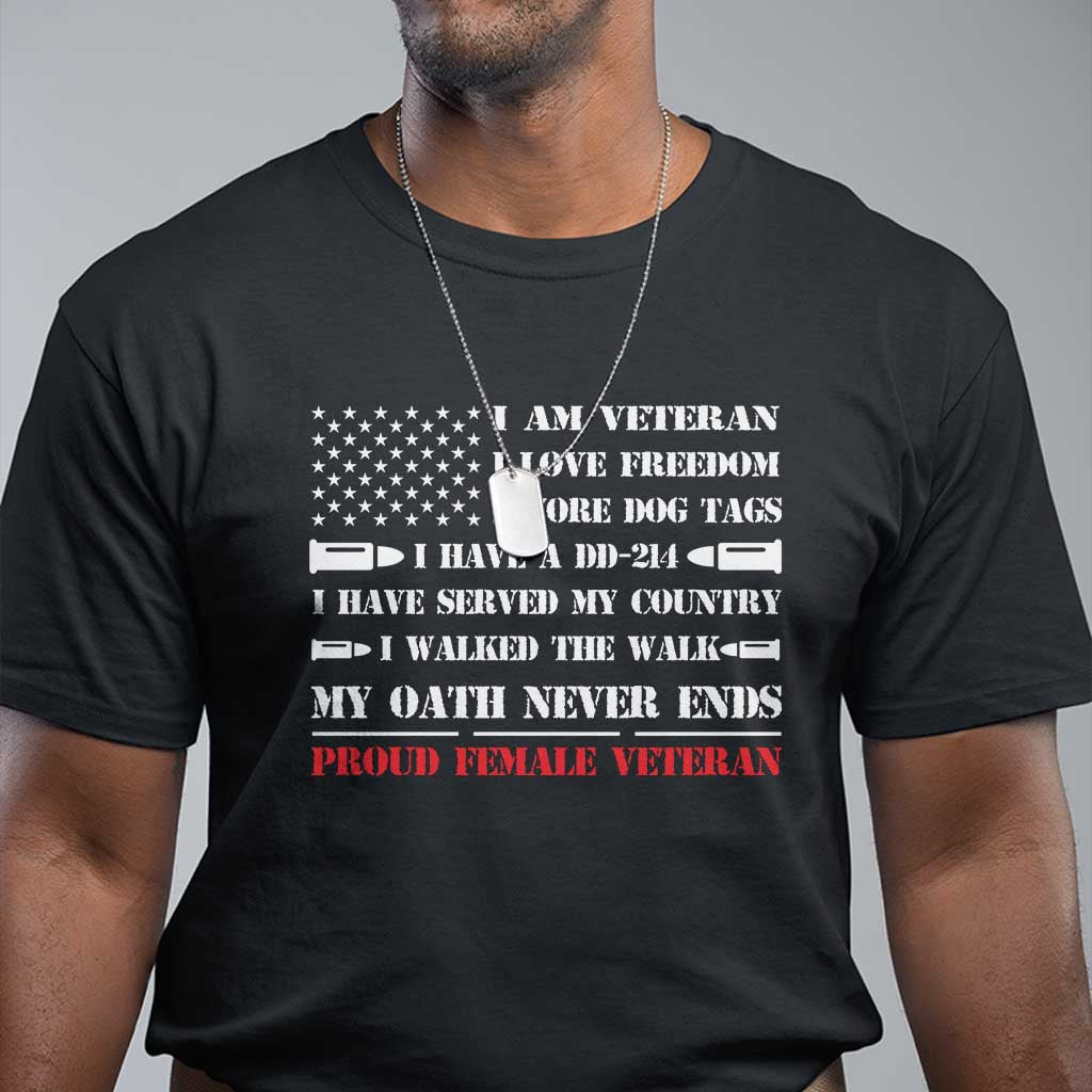Black women’s T-shirt with American flag stars and patriotic “Proud Female Veteran” graphic
