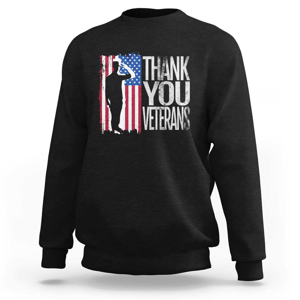 Black sweatshirt with 'Thank You Veterans' flag graphic and silhouette