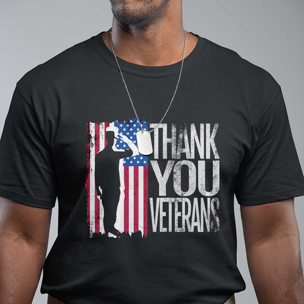 Black crew-neck T-shirt with American flag 'Thank You Veteran' graphic