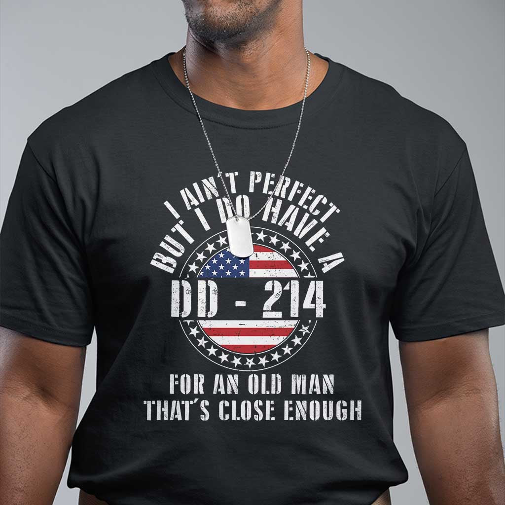 Black veterans t-shirt with circular American flag quote graphic on chest