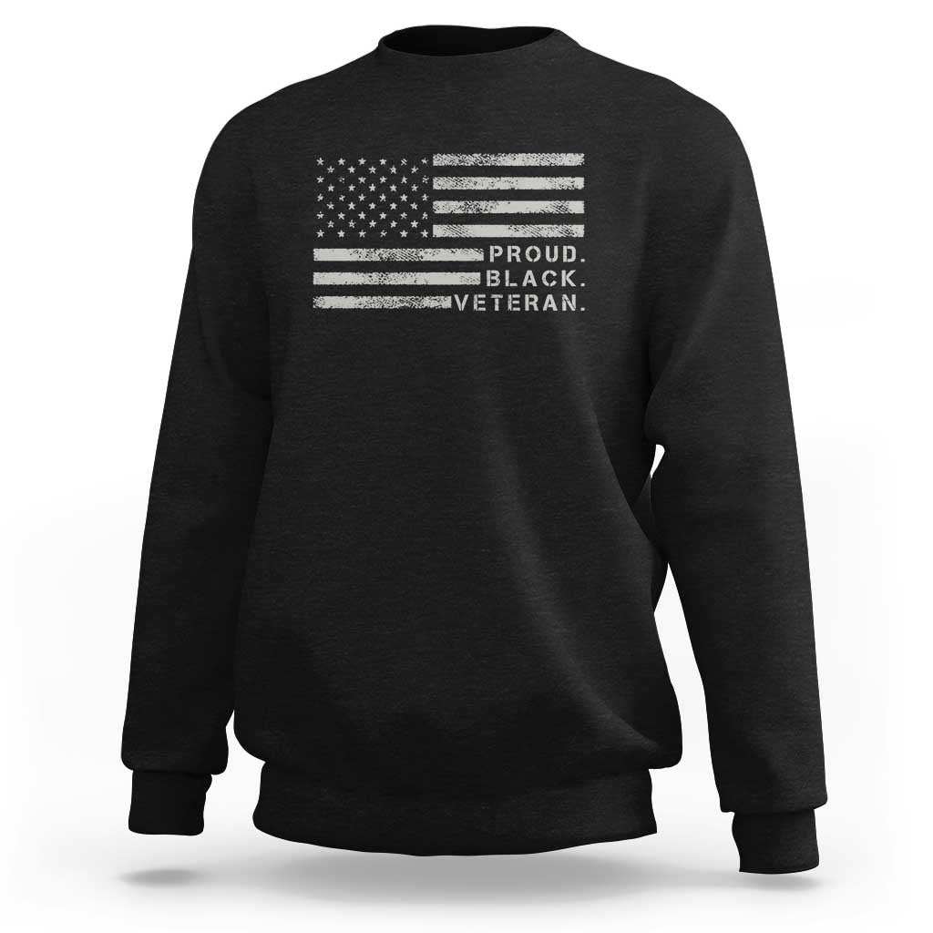 Men's black sweatshirt with distressed American flag graphic and text: Proud Black Veteran
