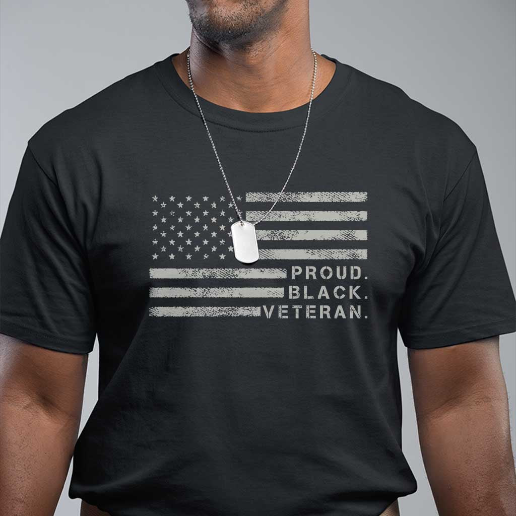 Black crew-neck T-shirt with distressed American flag and 'PROUD BLACK VETERAN' print