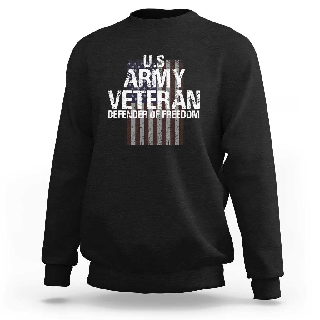 Black crewneck sweatshirt with U.S. Army Veteran graphic and striped panel