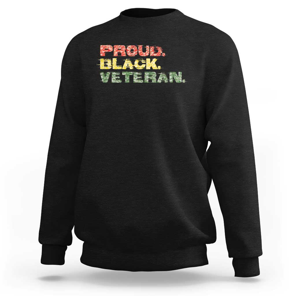 Black crewneck sweatshirt with 'Proud Black Veteran' graphic on chest