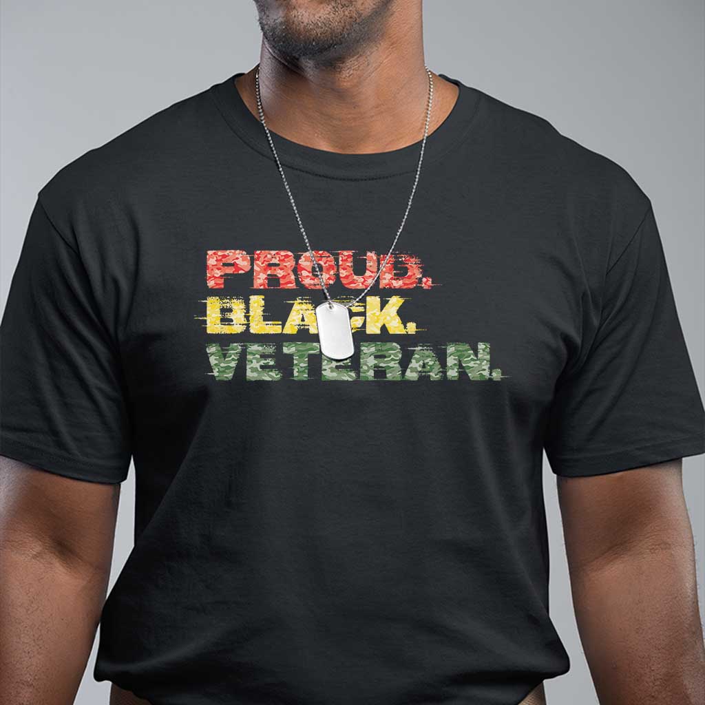 Veterans Day slogan T-shirt, black, distressed “Proud Black Veteran” camouflage text graphic