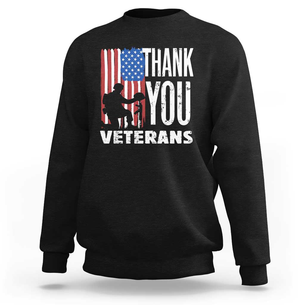 Black veterans sweatshirt with American flag graphic and THANK YOU lettering
