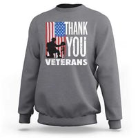 Dark heather gray veterans sweatshirt with American flag graphic and THANK YOU lettering