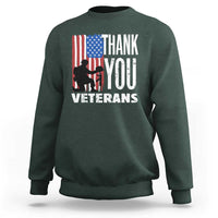 Dark forest green veterans sweatshirt with American flag graphic and THANK YOU lettering