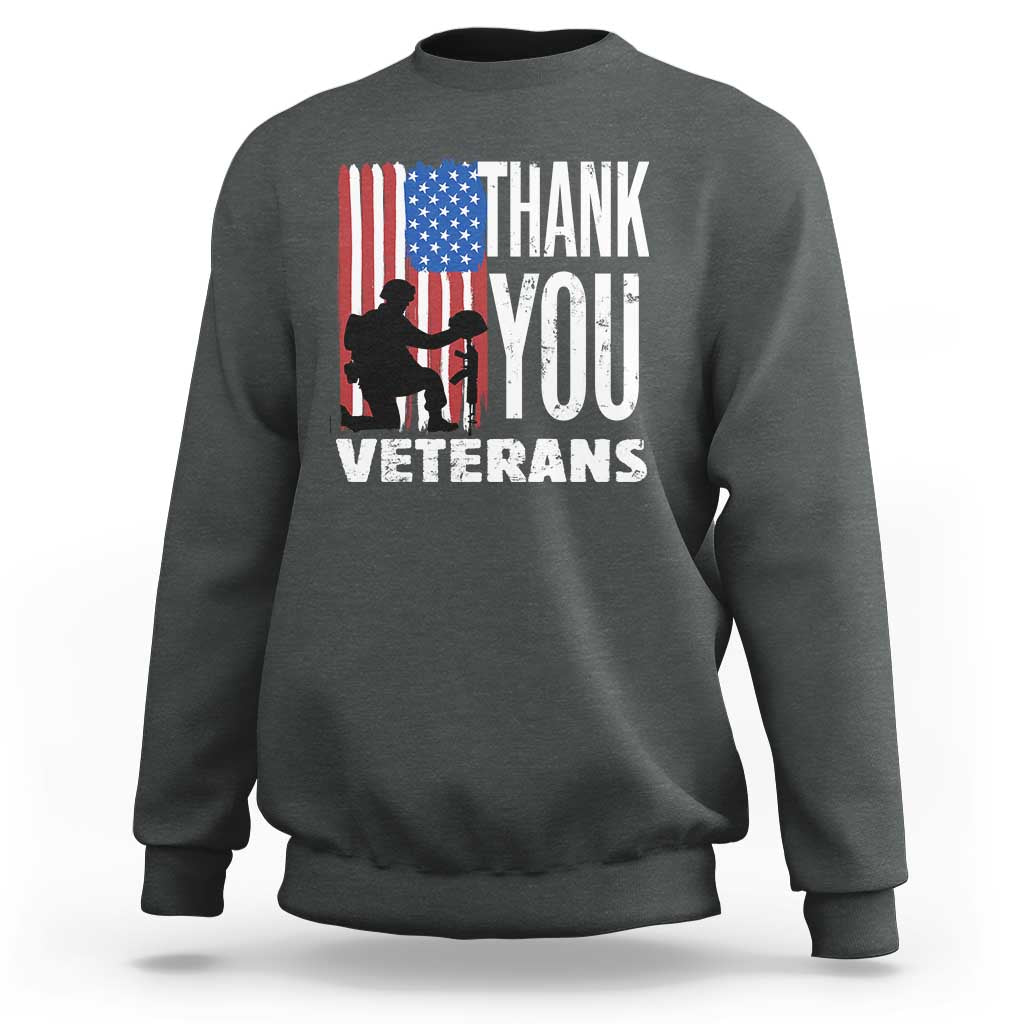 Charcoal veterans sweatshirt with American flag graphic and THANK YOU lettering