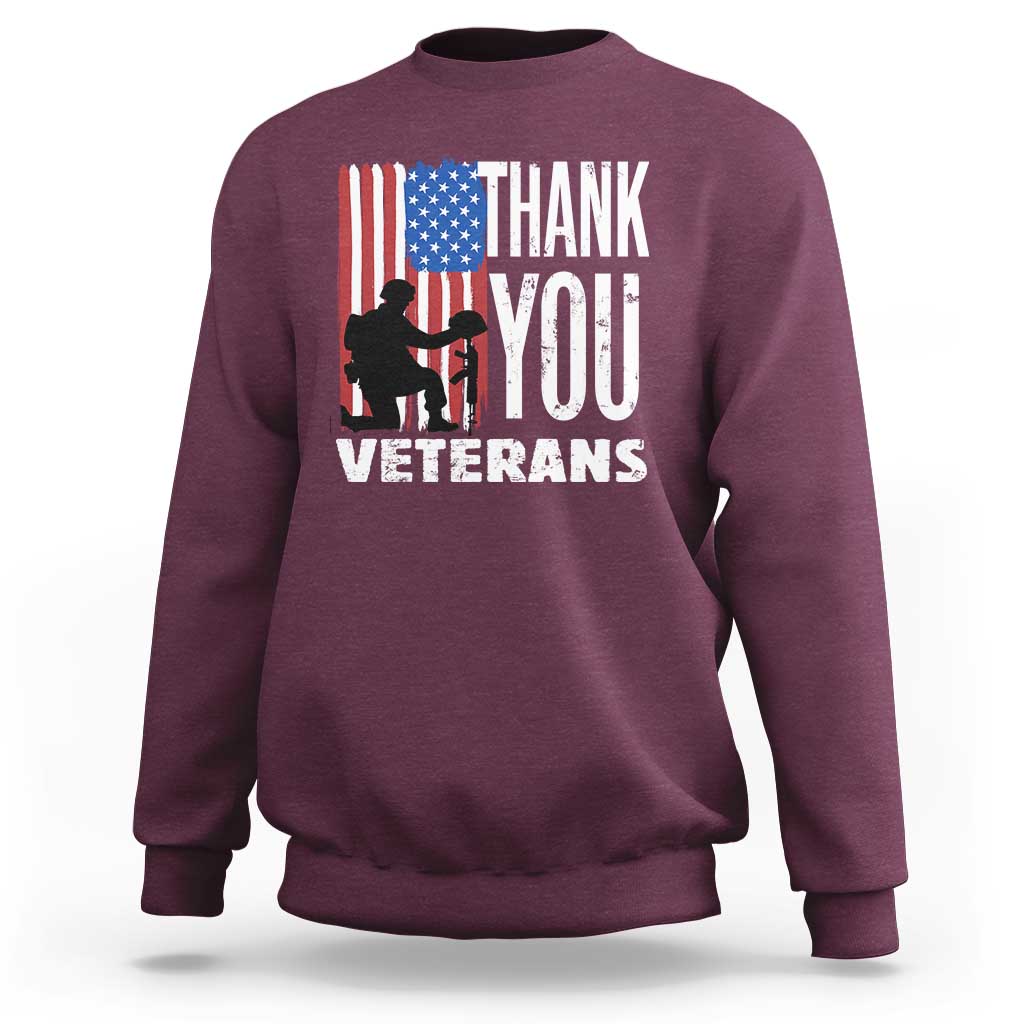 Maroon veterans sweatshirt with American flag graphic and THANK YOU lettering