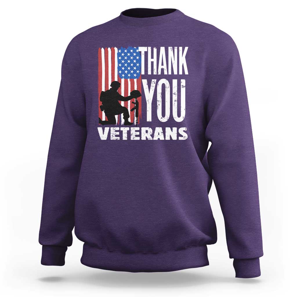 Purple veterans sweatshirt with American flag graphic and THANK YOU lettering