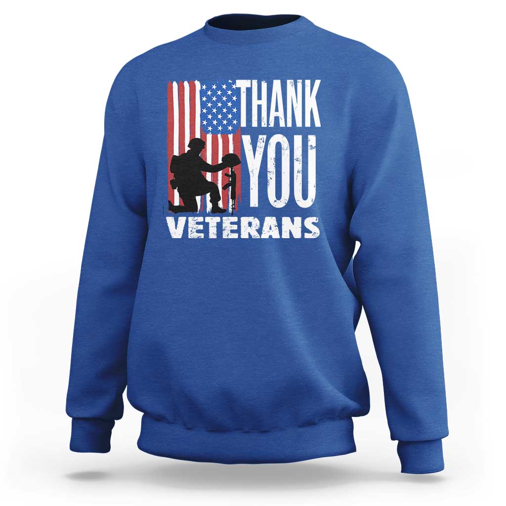 Royal blue veterans sweatshirt with American flag graphic and THANK YOU lettering