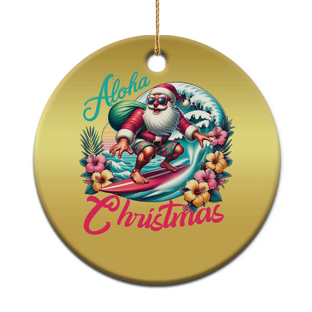 Gold round Christmas ornament with Santa surfing and Aloha Christmas text