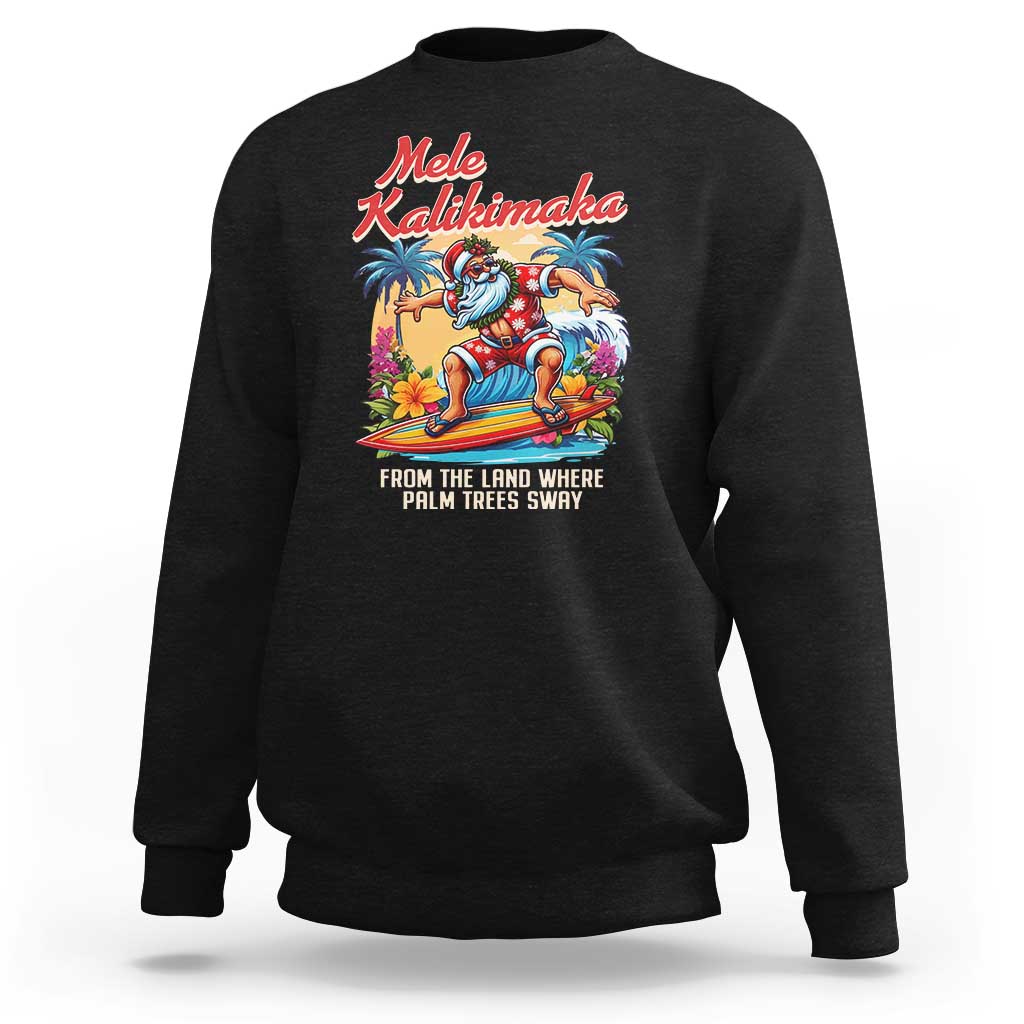 Black crewneck sweatshirt with 'Mele Kalikimaka' surfing Santa graphic on front