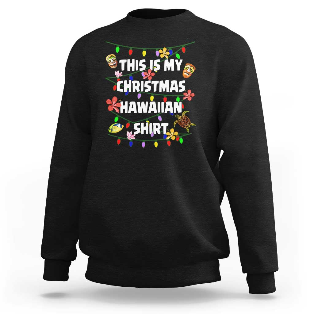 Dark charcoal Christmas Hawaiian sweatshirt with colorful tiki hibiscus graphic