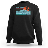 Black crewneck sweatshirt with vintage Gulf of Mexico wave and palm graphic, back view