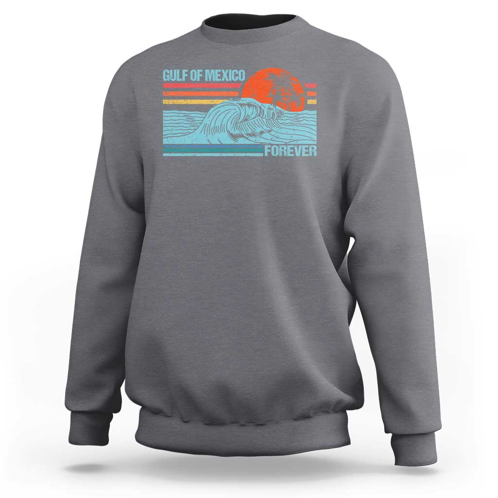 Charcoal gray crewneck sweatshirt with vintage Gulf of Mexico wave and palm graphic, back view