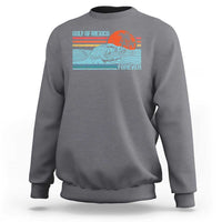 Charcoal gray crewneck sweatshirt with vintage Gulf of Mexico wave and palm graphic, back view