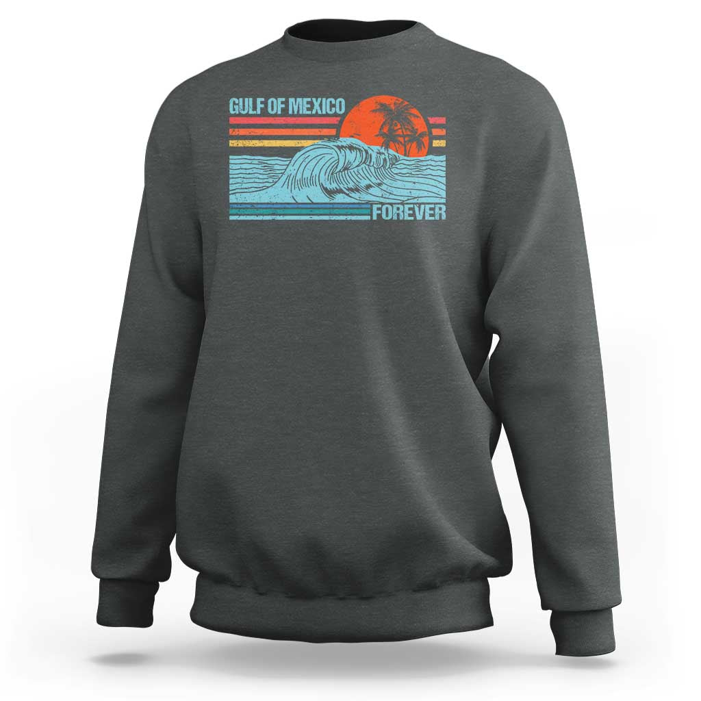Dark heather gray crewneck sweatshirt with vintage Gulf of Mexico wave and palm graphic, back view