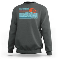 Dark heather gray crewneck sweatshirt with vintage Gulf of Mexico wave and palm graphic, back view