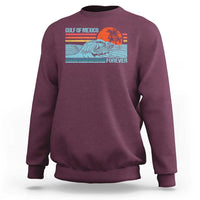 Maroon crewneck sweatshirt with vintage Gulf of Mexico wave and palm graphic, back view