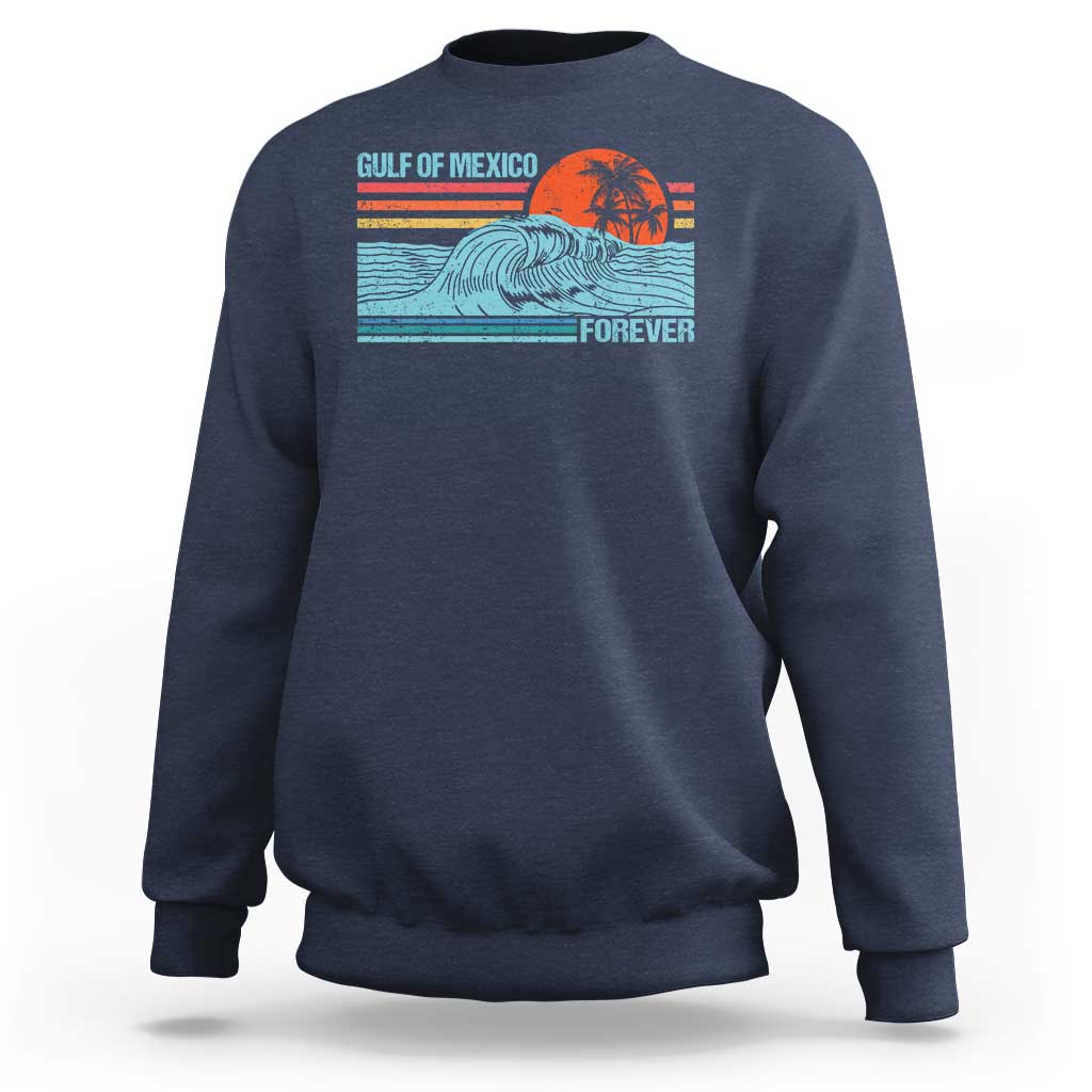 Navy crewneck sweatshirt with vintage Gulf of Mexico wave and palm graphic, back view