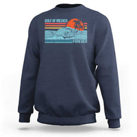 Navy crewneck sweatshirt with vintage Gulf of Mexico wave and palm graphic, back view