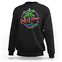 Black crewneck sweatshirt with neon palm beach graphic on chest.