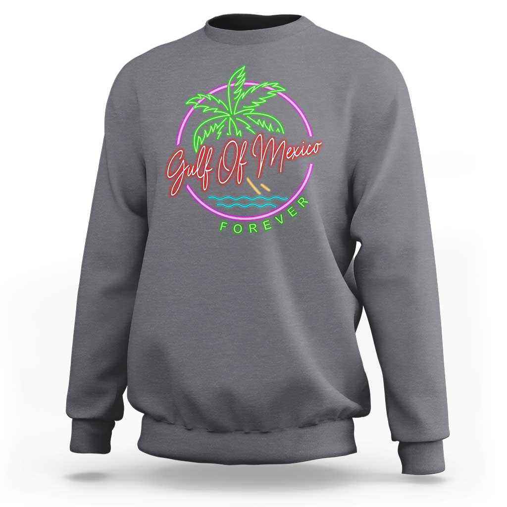 Charcoal heather crewneck sweatshirt with neon palm beach graphic on chest.