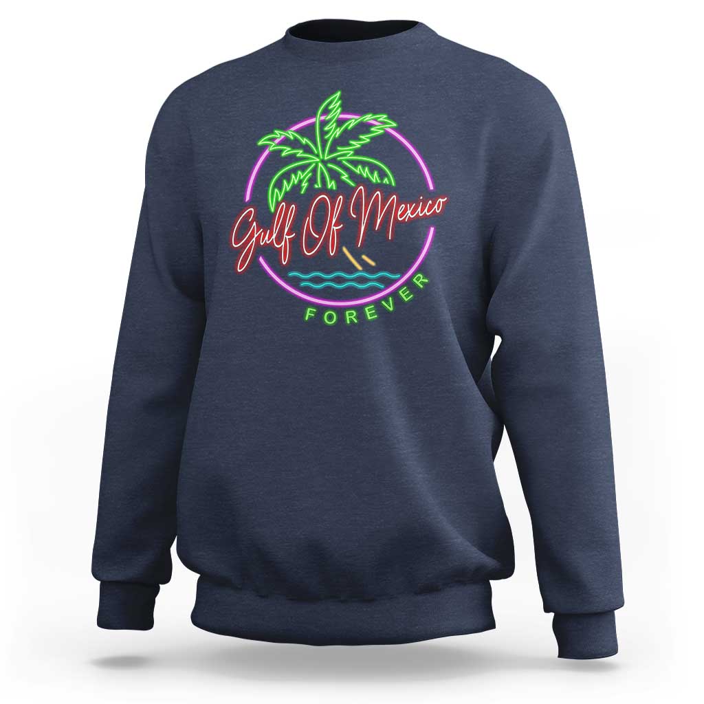 Navy crewneck sweatshirt with neon palm beach graphic on chest.
